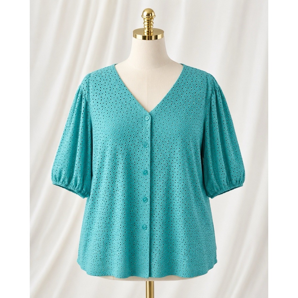Susan Graver Eyelet Knit Button Front Top Blouson Sleeves Turquoise Size 3X
